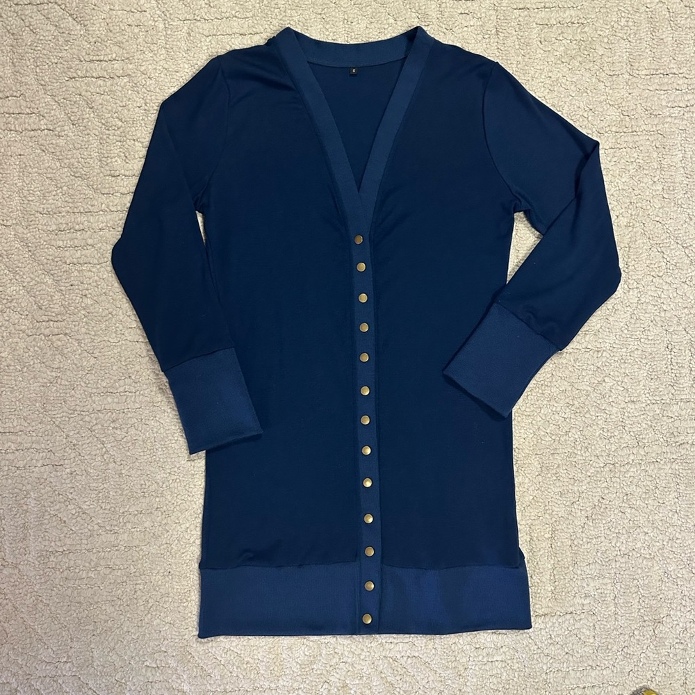 Navy Blue Long Sleeve Snap Button Cardigan Size S NWOT